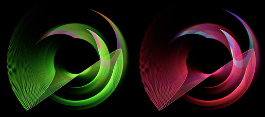Abstract propellers are composed of curved, striped, red and green elements and rotate against a black background. Logo, symbol, sign, icon. Graphic design elements. 3d rendering. 3d illustration.