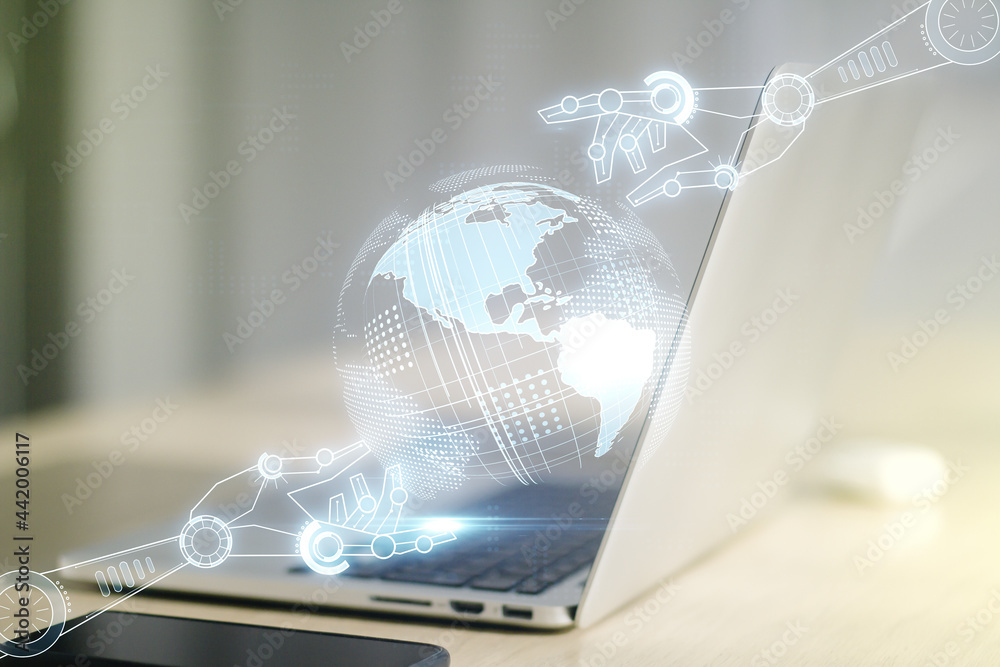 Poster creative abstract robotics technology hologram with globe on modern computer background, artificial 