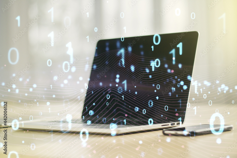 Poster creative abstract binary code hologram on modern computer background, ai and machine learning concep