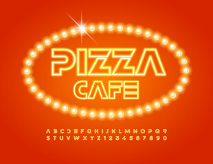 Vector stylish logo Pizza Cafe. Set of Yellow Neon Alphabet Letters and Numbers. Glowing light Font