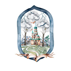 Cute cartoon castle. Hand drawn watercolor cartoon isolated illustration