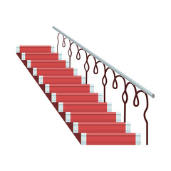 Staircase luxurious wooden covered red carpet with metal handrails. Isolated cartoon flat icon of stairs. Element for hotel lobby