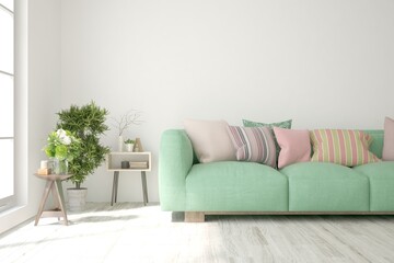 Soft color living room with sofa. Scandinavian interior design. 3D illustration