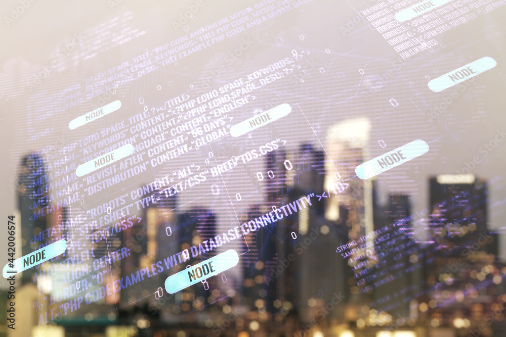 Poster multi exposure of abstract graphic coding sketch and world map on blurry skyscrapers background, big
