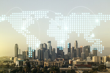 Abstract virtual world map with connections on Los Angeles skyline background, international trading concept. Multiexposure