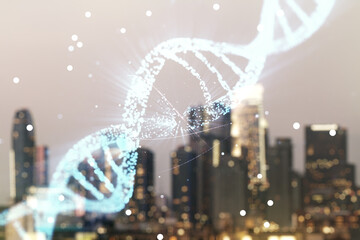 DNA hologram on blurry office buildings background, biotechnology and genetic concept. Multiexposure