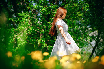 Obraz na płótnie Canvas Beautiful girl outdoors. Summer Park. Long hair. A white dress.