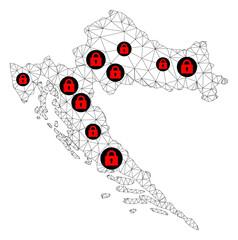 Polygonal mesh lockdown map of Croatia. Abstract mesh lines and locks form map of Croatia. Vector wire frame 2D polygonal line network in black color with red locks. Frame model for safety purposes.