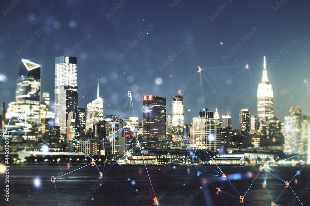 Poster Abstract virtual wireless technology hologram on New York cityscape background, artificial intelligence and machine learning concept. Multi exposure