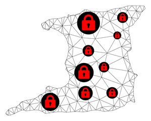 Polygonal mesh lockdown map of Trinidad Island. Abstract mesh lines and locks form map of Trinidad Island. Vector wire frame 2D polygonal line network in black color with red locks.