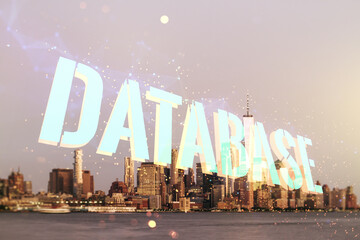 Plakat Double exposure of Database word sign on New York city skyline background, global research and analytics concept