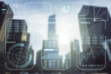 Multi exposure of stats data illustration on office buildings background, computing and analytics concept