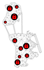 Polygonal mesh lockdown map of Macau. Abstract mesh lines and locks form map of Macau. Vector wire frame 2D polygonal line network in black color with red locks. Frame model for lockdown posters.