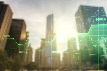 Multi exposure of abstract virtual graphic data spreadsheet sketch on modern architecture background, analytics and analysis concept