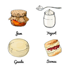 Vector food icons. Colored sketch of food products. Jam, yogurt, cheese gauda, scones - obrazy, fototapety, plakaty