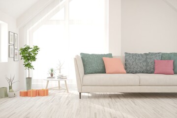 White living room with sofa. Scandinavian interior design. 3D illustration