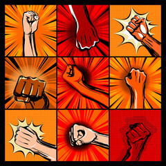 Collection of hand fists. Raised arm fists with comic background. Hands up icon flat symbol. Winner fists sign concept
