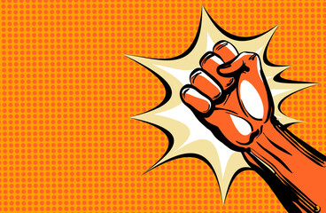 Hand fist. Raised arm fist with comic background. Hand up icon flat symbol. Winner fist sign concept