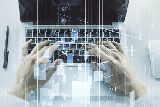 Multi exposure of abstract statistics data hologram interface with hands typing on computer keyboard on background, computing and analytics concept