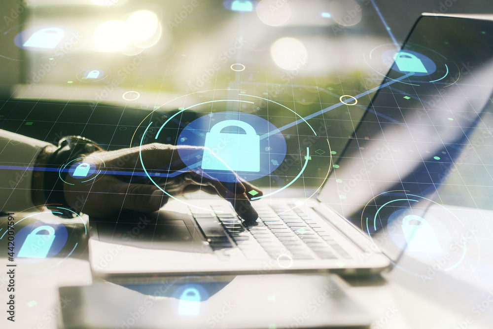 Aufkleber double exposure of creative lock hologram with chip and hands typing on laptop on background. inform