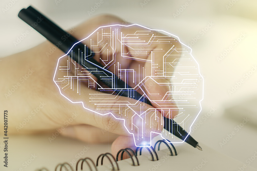 Poster double exposure of creative artificial intelligence symbol with man hand writing in notebook on back