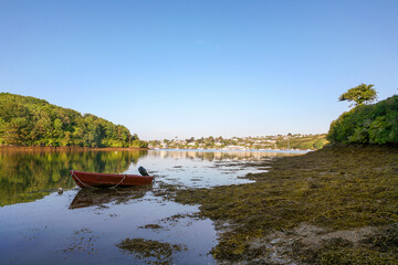The mouth of Porth Creek, with the Percuil River and St. Mawes beyond: Roseland Peninsula, Cornwall, UK