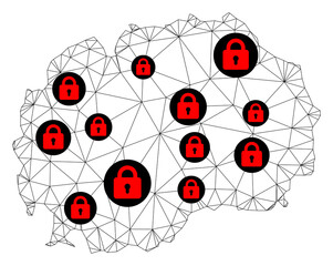 Polygonal mesh lockdown map of Macedonia. Abstract mesh lines and locks form map of Macedonia. Vector wire frame 2D polygonal line network in black color with red locks.