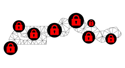 Polygonal mesh lockdown map of the Gambia. Abstract mesh lines and locks form map of the Gambia. Vector wire frame 2D polygonal line network in black color with red locks.