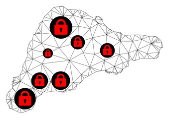 Polygonal mesh lockdown map of Easter Island. Abstract mesh lines and locks form map of Easter Island. Vector wire frame 2D polygonal line network in black color with red locks.