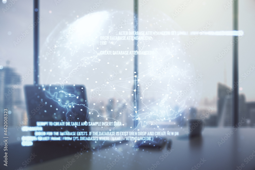 Poster double exposure of abstract programming language with world map and modern desktop with laptop on ba