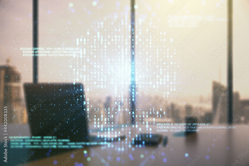 Poster creative code skull hologram and modern desktop with pc on background, cybercrime and hacking concep