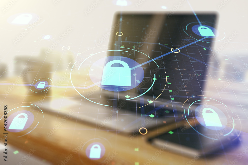 Poster double exposure of creative lock hologram with chip and modern desktop with laptop on background. in