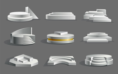 Collection of podium realistic. Showroom pedestals floor stage platforms isolated mockup. 3D realistic empty podiums with steps. Concept of showcase for product, promotion sale or presentation