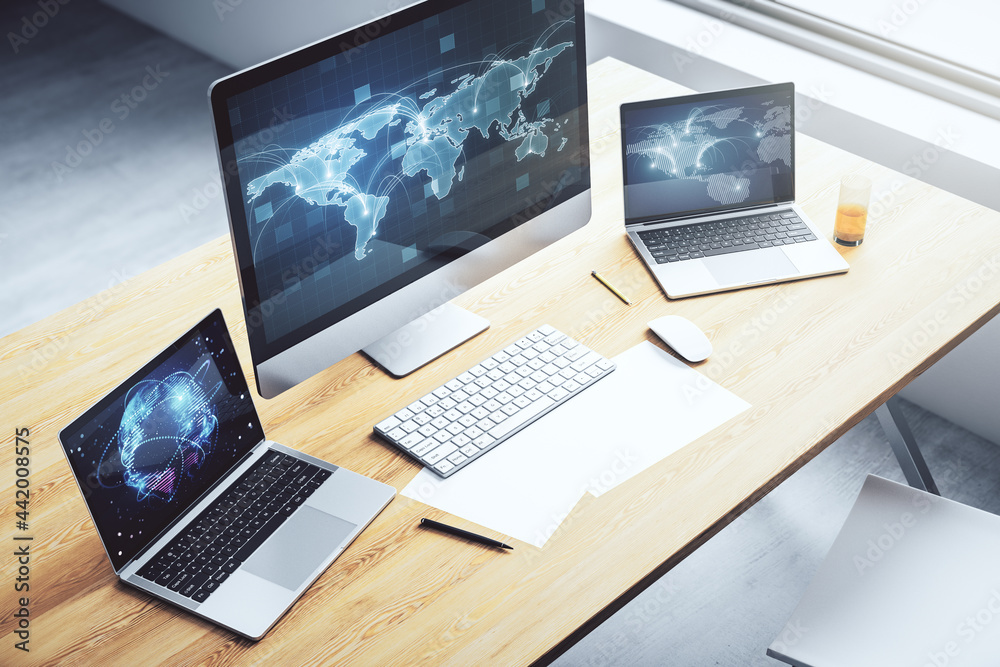 Fototapete computer monitor with abstract graphic digital world map with connections, globalization concept. 3d