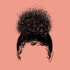 Curly girly hairstyle isolated on nude background. Hand drawn small curls