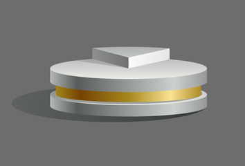 Podium realistic. Showroom pedestal, floor stage platform isolated mockup. White and gold 3D realistic round empty podium with steps. Concept of showcase for product