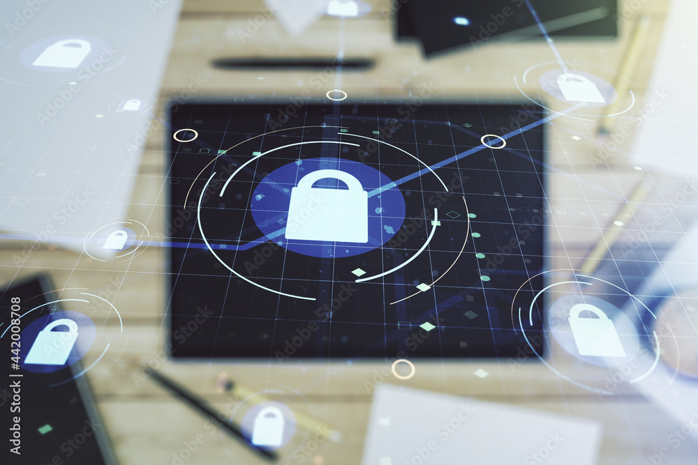Poster creative lock illustration with microcircuit and modern digital tablet on desktop on background, top