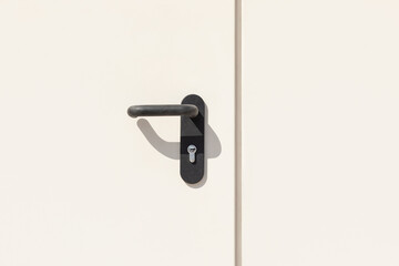 Light pastel colored metal door with lock and black handle close-up.