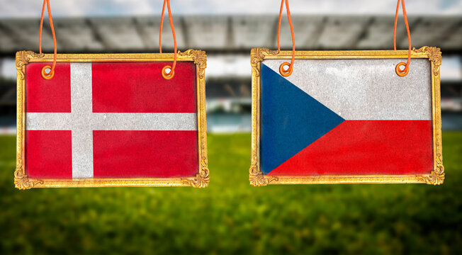 Euro 2021, Denmark vs Czech republic on hanging golden frame photo border  with blurred stadium background