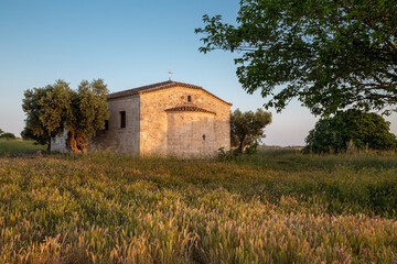 A small old orthodox church with stone walls and a tiled roof in the middle of a field brightly lit by the rising sun surrounded by olive trees against the backdrop of a clear sky