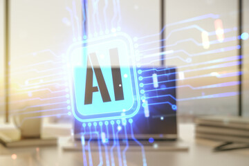 Double exposure of creative artificial Intelligence icon with modern laptop on background. Neural networks and machine learning concept