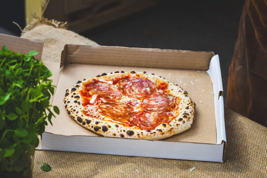 Freshly baked pizza with salami sausage in cardboard box on plain canvas. Takeaway food concept