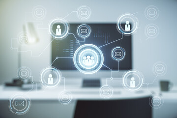 Social network concept with modern laptop on background. Multiexposure