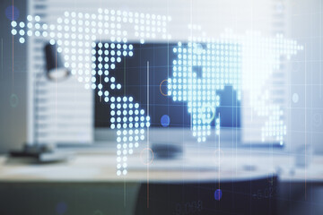 Multi exposure of abstract creative digital world map on laptop background, research and analytics concept