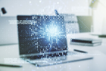 Creative code skull hologram on modern computer background, cybercrime and hacking concept....