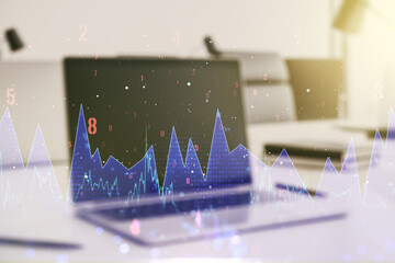 Double exposure of abstract creative statistics data hologram on computer background, analytics and forecasting concept