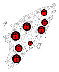 Polygonal mesh lockdown map of Rhodes Island. Abstract mesh lines and locks form map of Rhodes Island. Vector wire frame 2D polygonal line network in black color with red locks.