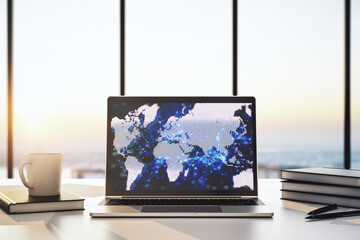 Abstract creative digital world map on modern laptop monitor, tourism and traveling concept. 3D Rendering