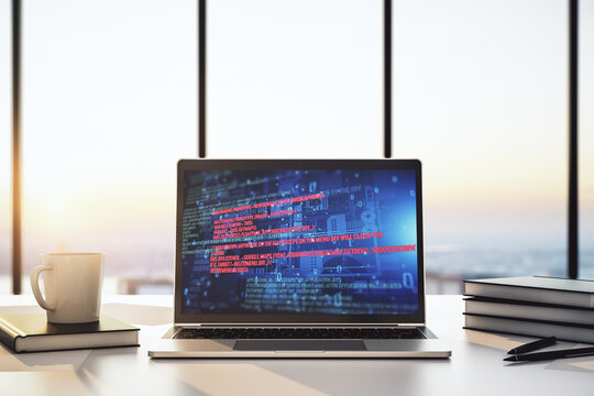 Modern computer monitor with abstract programming language, research and development concept. 3D Rendering