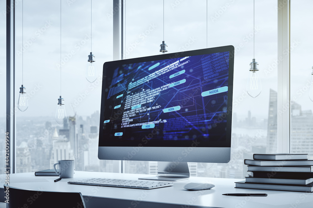 Poster abstract creative coding concept on modern laptop screen. 3d rendering